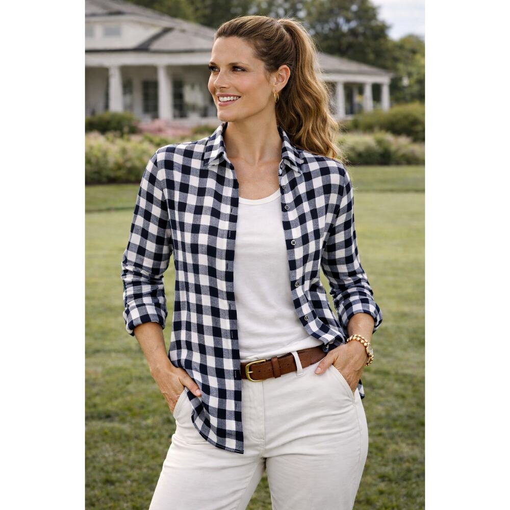 Gloria Vanderbilt Womens shirt M Navy White Silver Plaid 3/4 Roll-Tab Sleeves